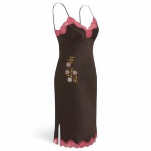 NWT Vintage Y2K Gold Hawk 100% Silk Midi Slip Dress Lace Floral Embroidered Pink
